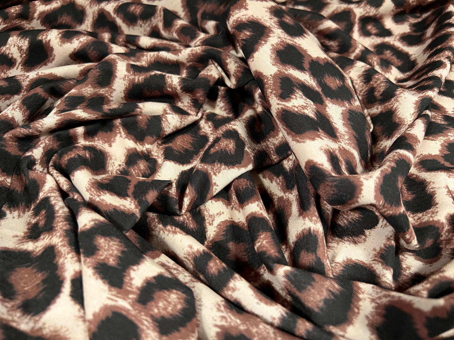 Soft handle stretch spandex single jersey fabric, per metre - leopardskin animal print - stone & brown