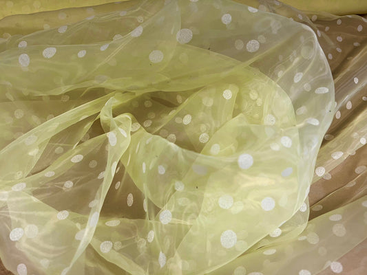 Crystal organza lightweight woven shimmer fabric, per metre - spotted design - lemon