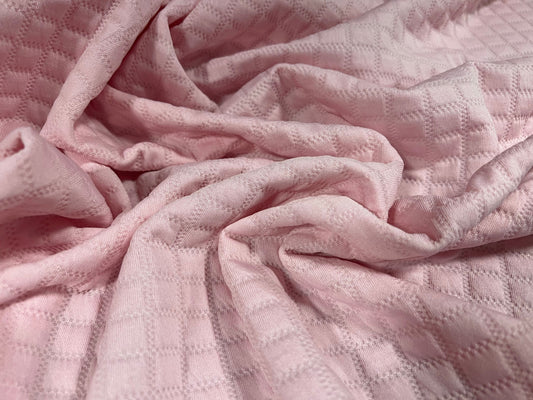 Mock quilted double jersey spandex fabric, per metre - geometric squares design - baby pink