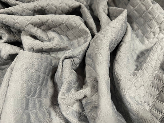 Mock quilted double jersey spandex fabric, per metre - geometric squares design - grey