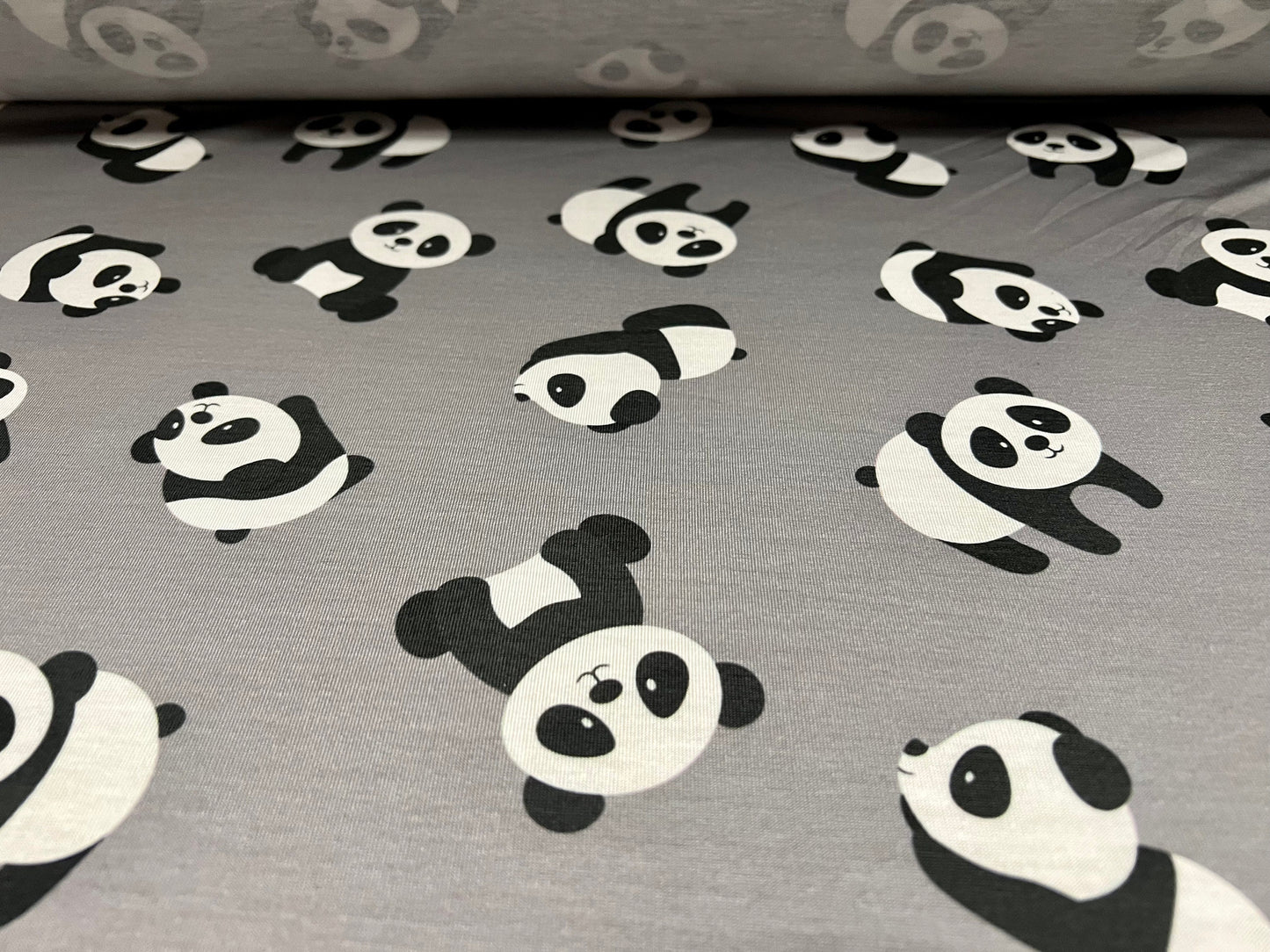 Soft handle single jersey fabric, per metre - panda bear print - grey