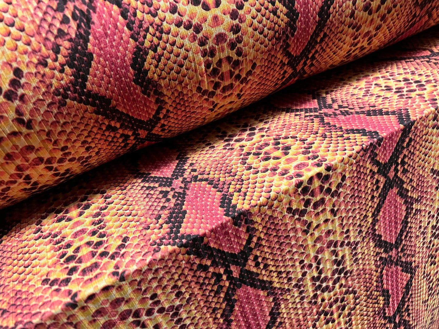 Stretch Spandex rib jersey fabric, per metre - snakeskin animal print - fuschia & gold