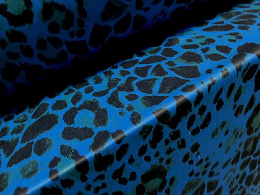 Single jersey fashion fabric - 60 inches wide - leopardskin animal print - blue & green