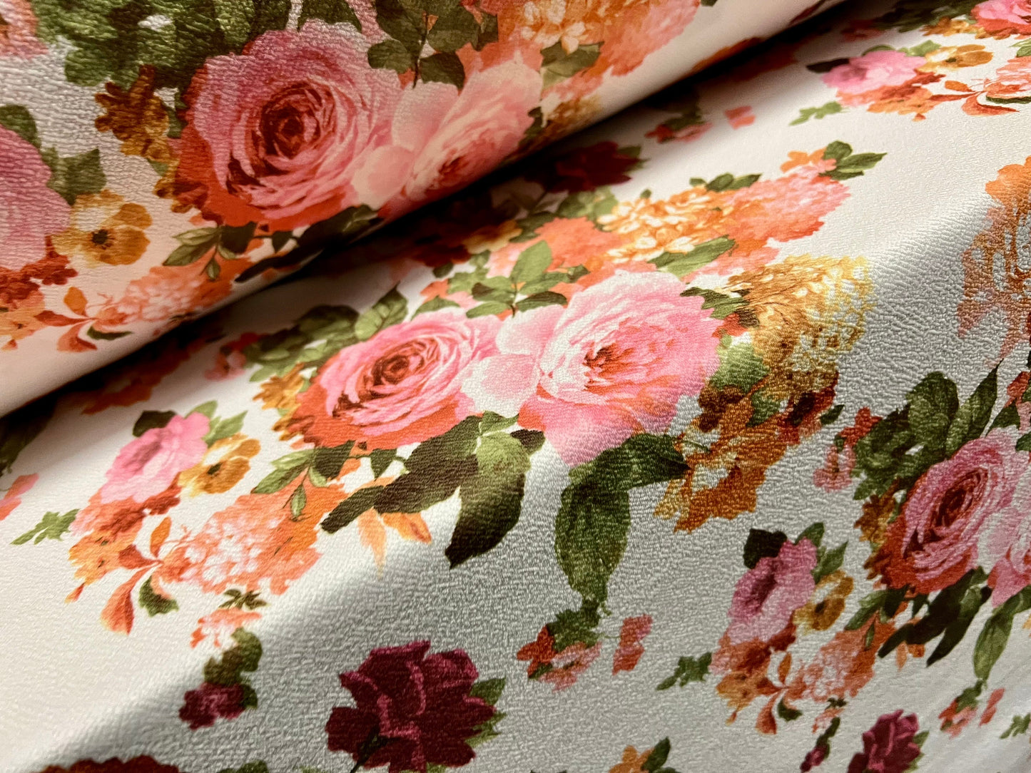 Scuba textured ‘Liverpool’ stretch spandex jersey fabric, per metre - Roses flower print - white & pink