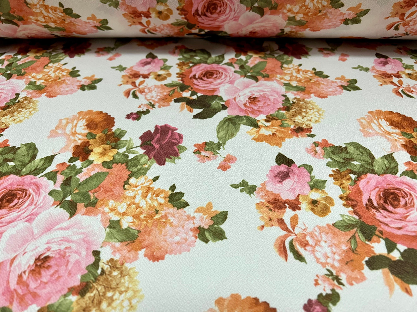 Scuba textured ‘Liverpool’ stretch spandex jersey fabric, per metre - Roses flower print - white & pink