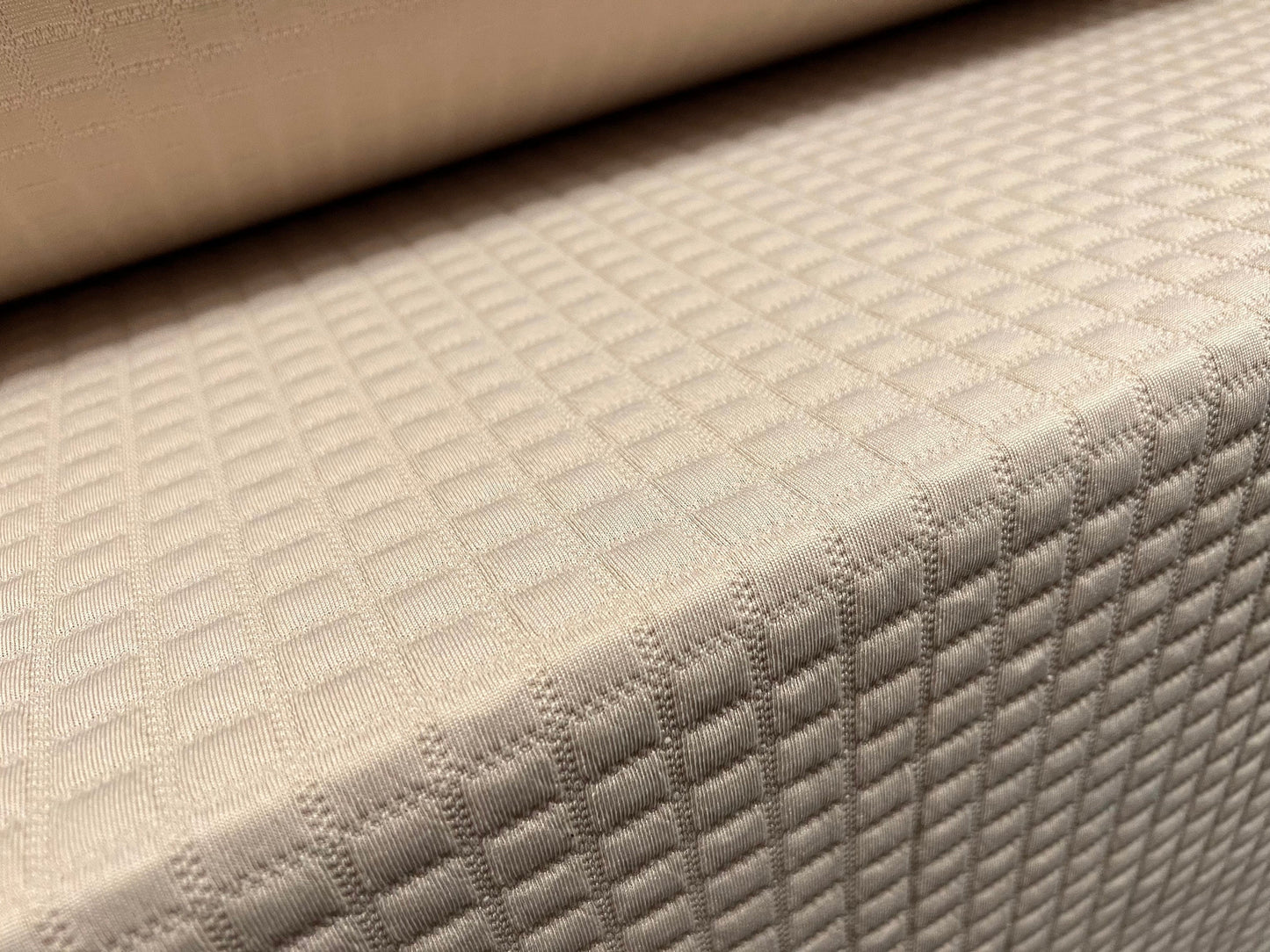 Mock quilted double jersey spandex fabric, per metre - geometric squares design - dark cream