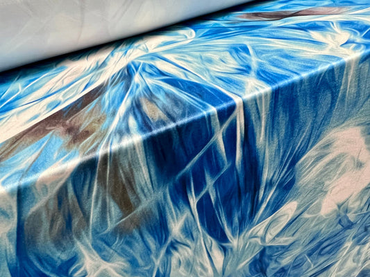 Soft touch stretch spandex jersey fabric, per metre - abstract swirl print - blue