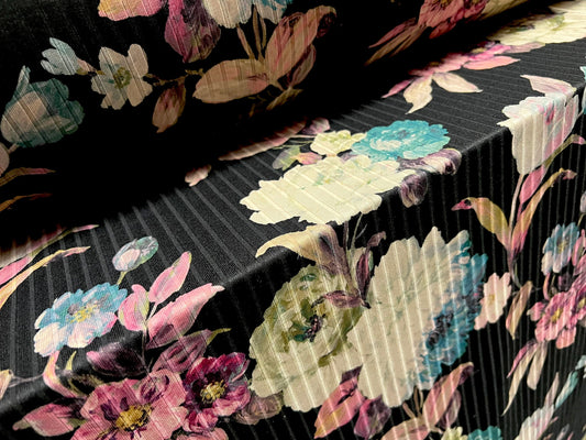 Stretch Spandex rib jersey fabric, per metre - flower print - black cream turquoise pink multicolour floral