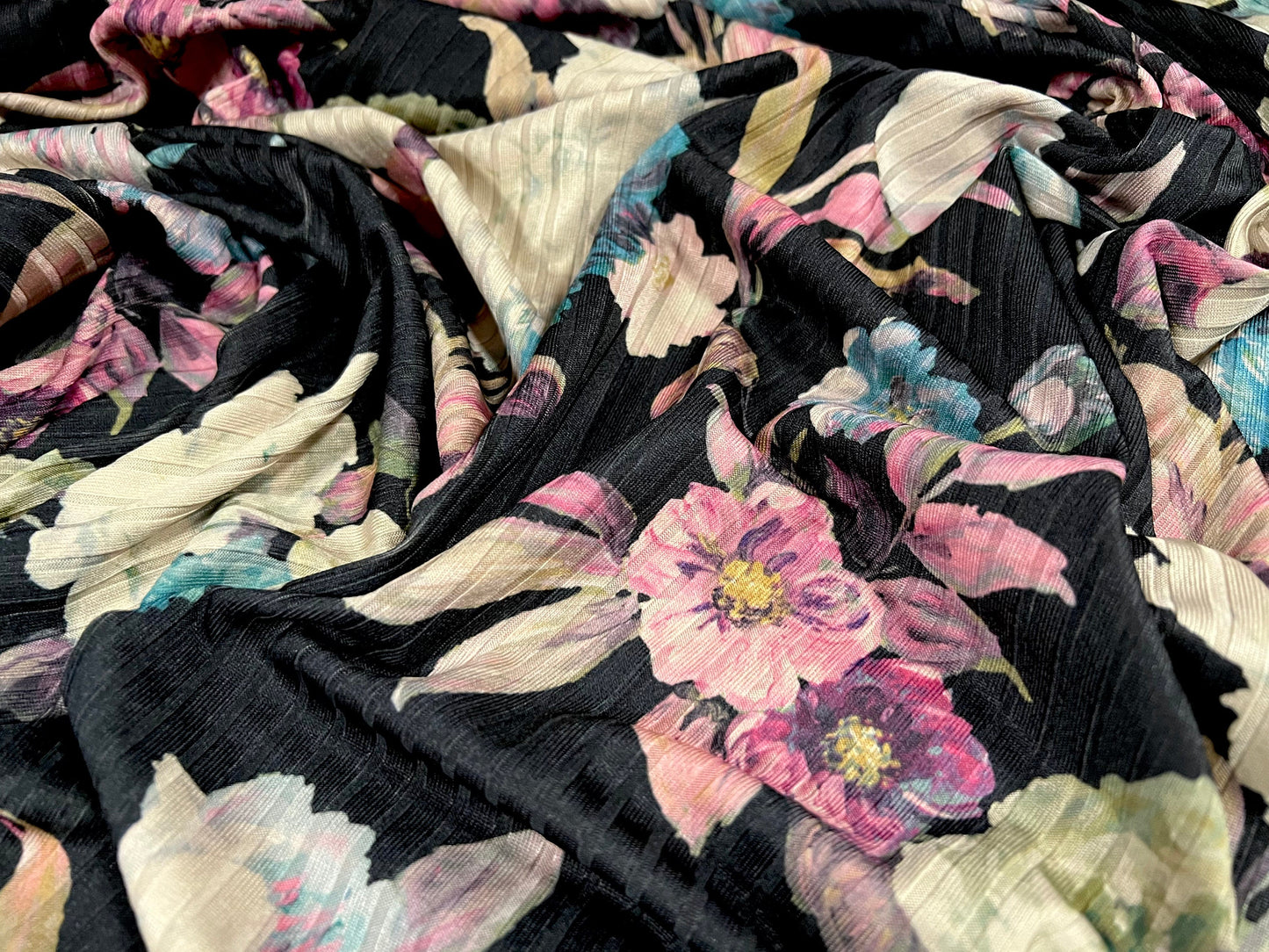 Stretch Spandex rib jersey fabric, per metre - flower print - black cream turquoise pink multicolour floral