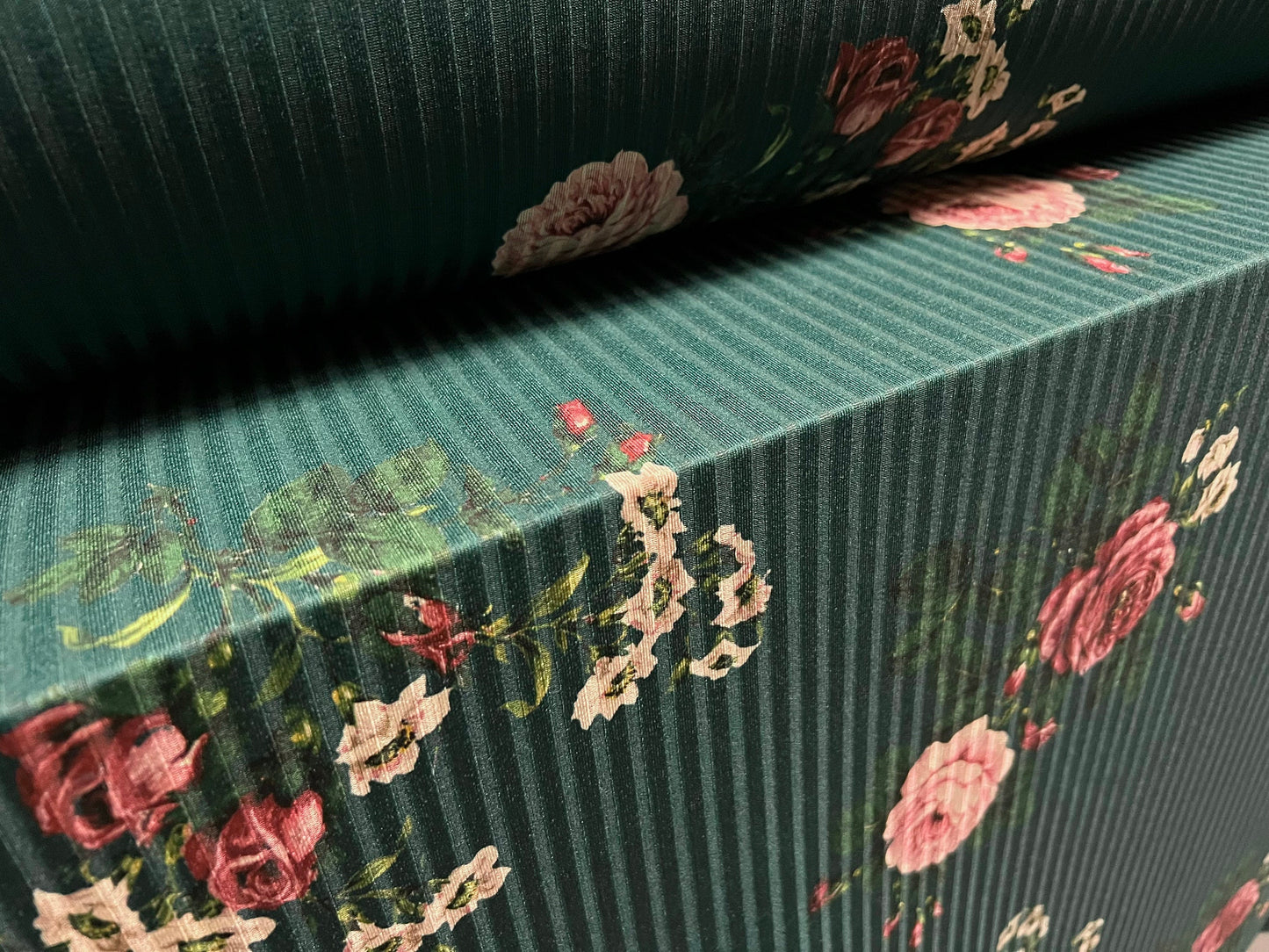 Stretch Spandex rib jersey fabric, per metre - rose flower print - bottle green & pink