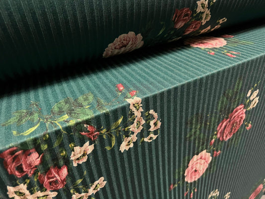Stretch Spandex rib jersey fabric, per metre - rose flower print - bottle green & pink