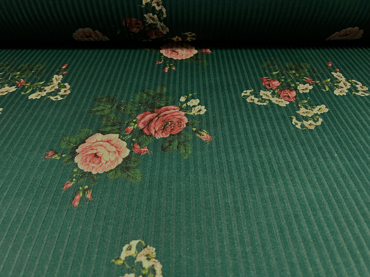 Stretch Spandex rib jersey fabric, per metre - rose flower print - bottle green & pink