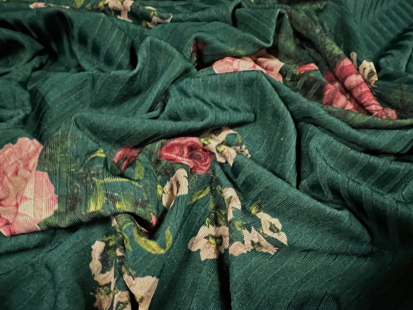 Stretch Spandex rib jersey fabric, per metre - rose flower print - bottle green & pink