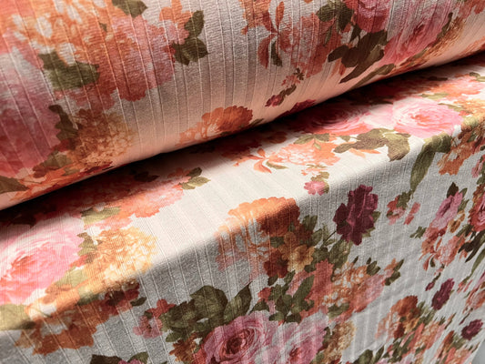 Ribbed jersey fabric, per metre - rose flower print - blush & pink