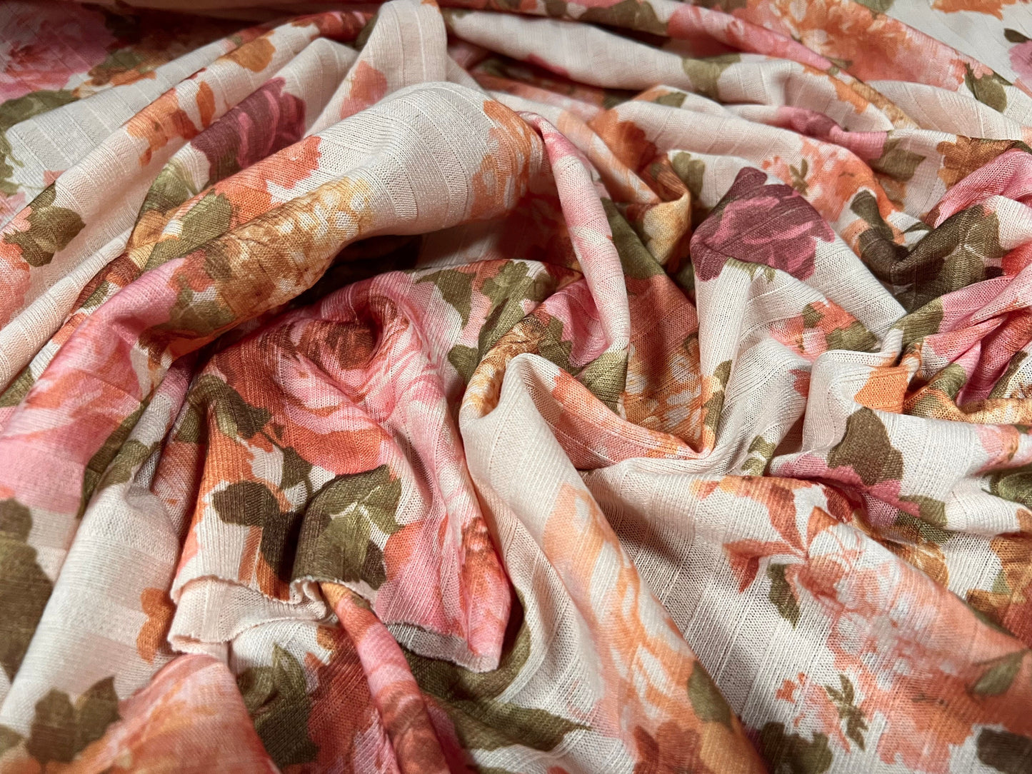 Ribbed jersey fabric, per metre - rose flower print - blush & pink