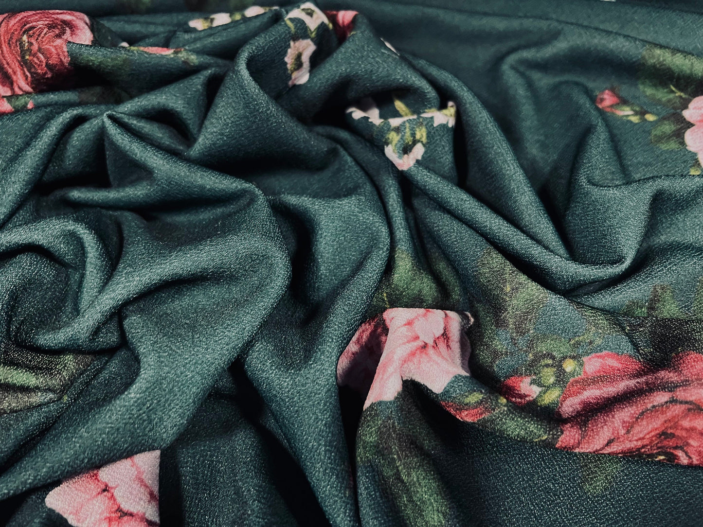 Valentino crepe spandex jersey fabric - similar to scuba - per metre - rose flower print - dark emerald green & pink