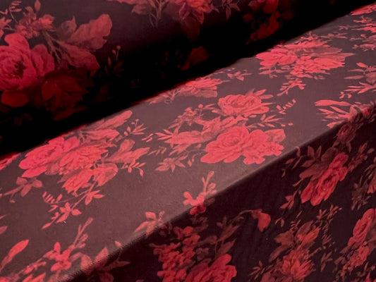 Power mesh net stretch spandex fabric, per metre - rose flower print - dark aubergine & red