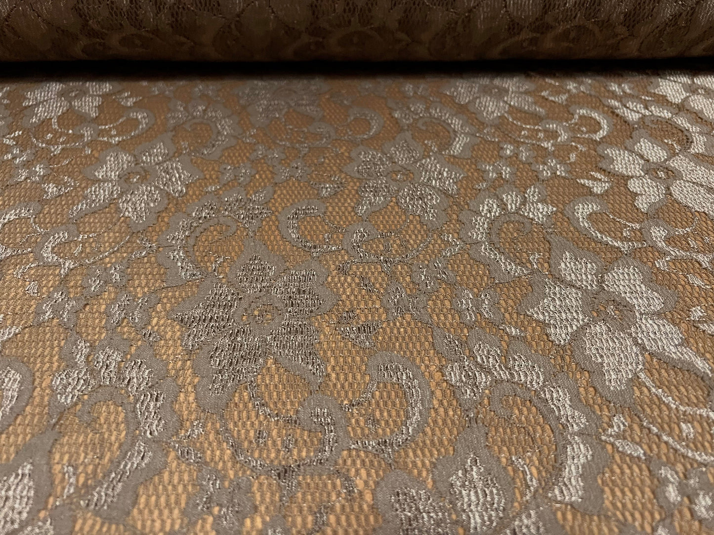 Stretch lace dress fabric, per metre - flower design - mid brown