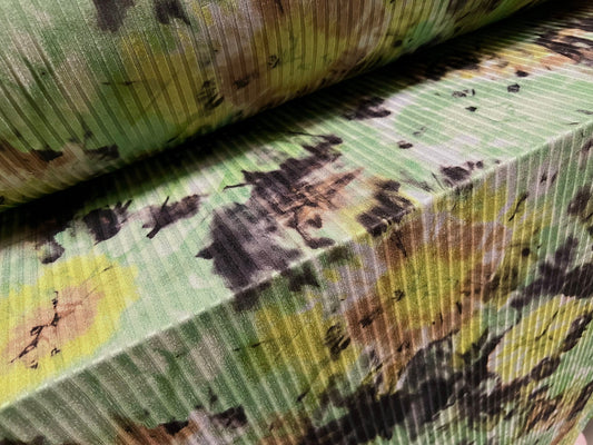 Stretch Spandex rib jersey fabric, per metre - smudge flower print - green