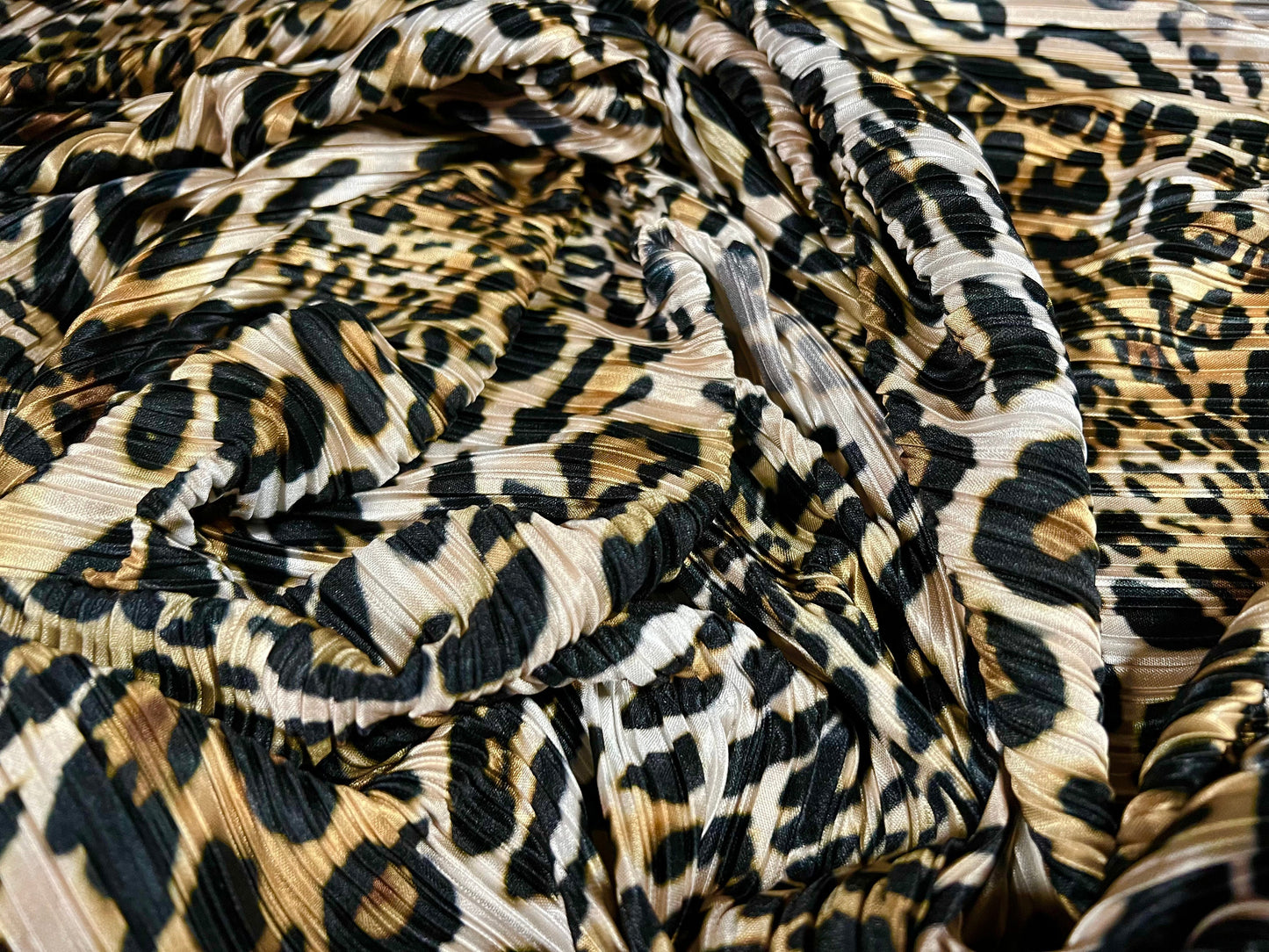 Plissé pleated satin dress fabric, per metre - Distressed Leopardskin animal print - gold & black