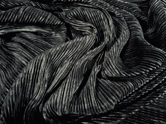 Fine Plissé pleated satin dress fabric, per metre - plain - black