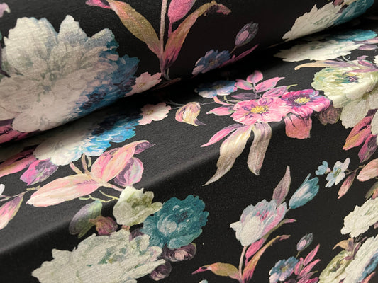 Soft handle jersey fashion fabric, per metre - flower print - black turquoise & fuchsia