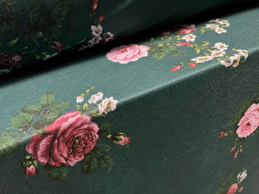 Valentino crepe spandex jersey fabric - similar to scuba - per metre - rose flower print - dark emerald green & pink