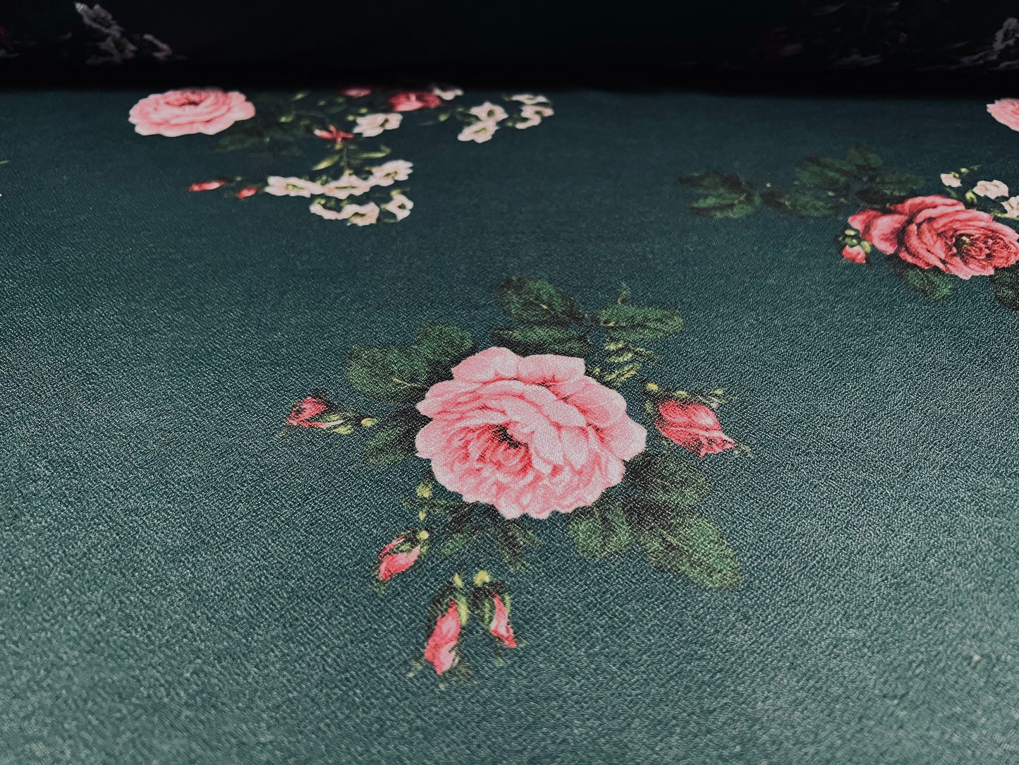 Valentino crepe spandex jersey fabric - similar to scuba - per metre - rose flower print - dark emerald green & pink