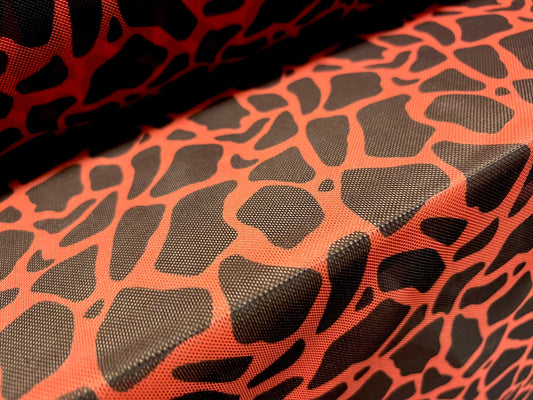 Power mesh net stretch spandex fabric, per metre - giraffe animal print - orange & black