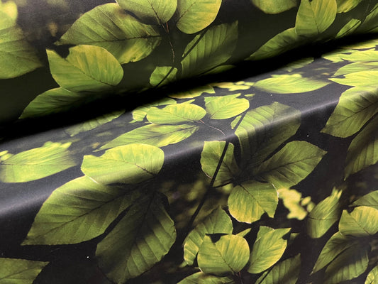 Scuba neoprene style stretch spandex double jersey fabric, per metre - leaf print - black & green