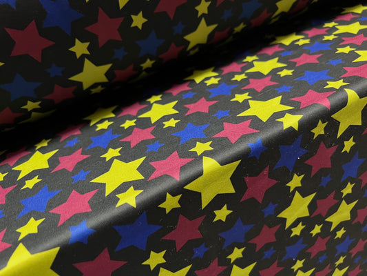 Scuba neoprene style stretch spandex double jersey fabric, per metre - stars print - black lime purple & blue