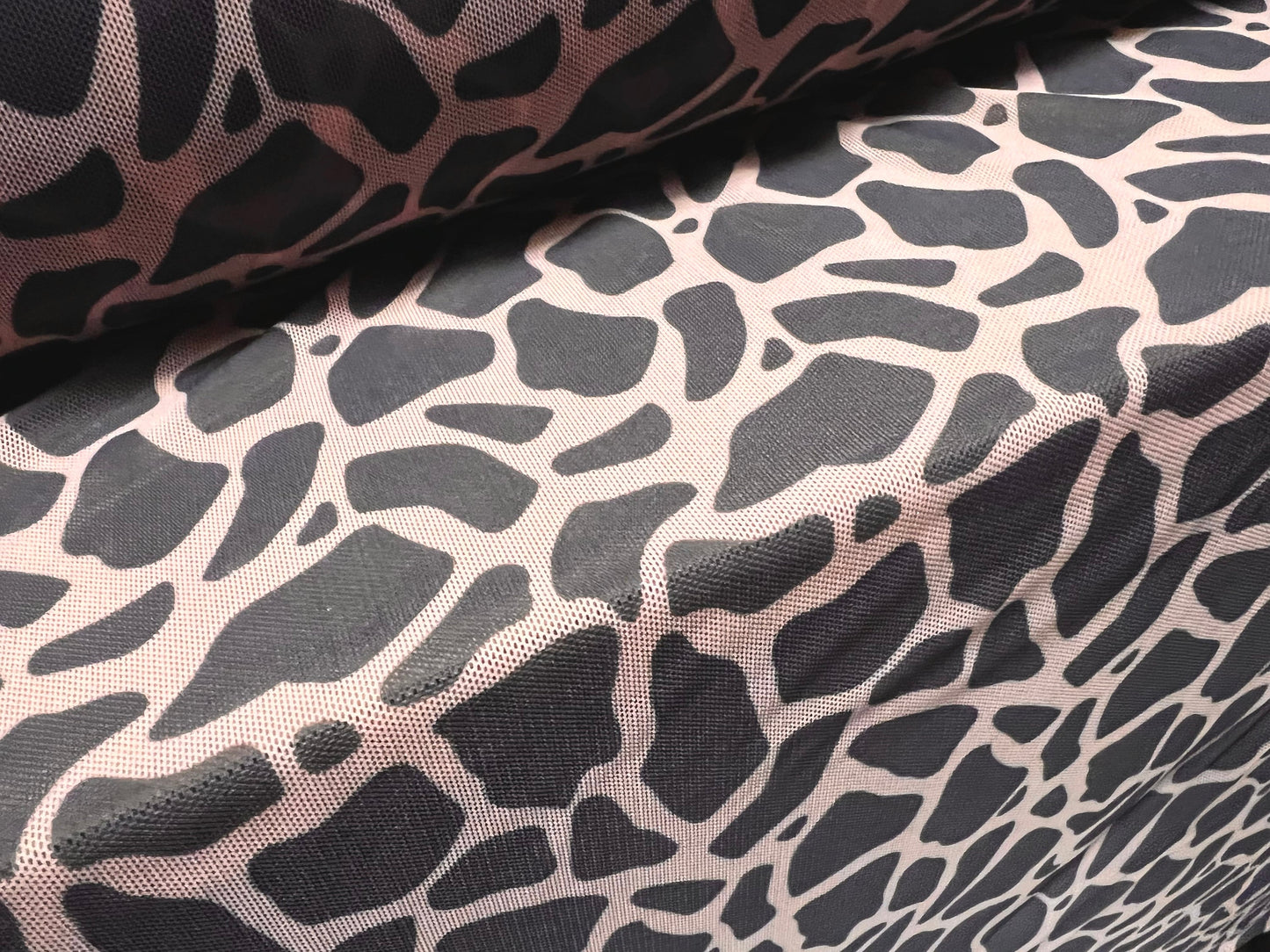 Power mesh net stretch spandex fabric, per metre - giraffe animal print - blush & grey