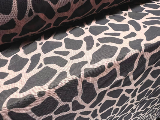 Power mesh net stretch spandex fabric, per metre - giraffe animal print - blush & grey