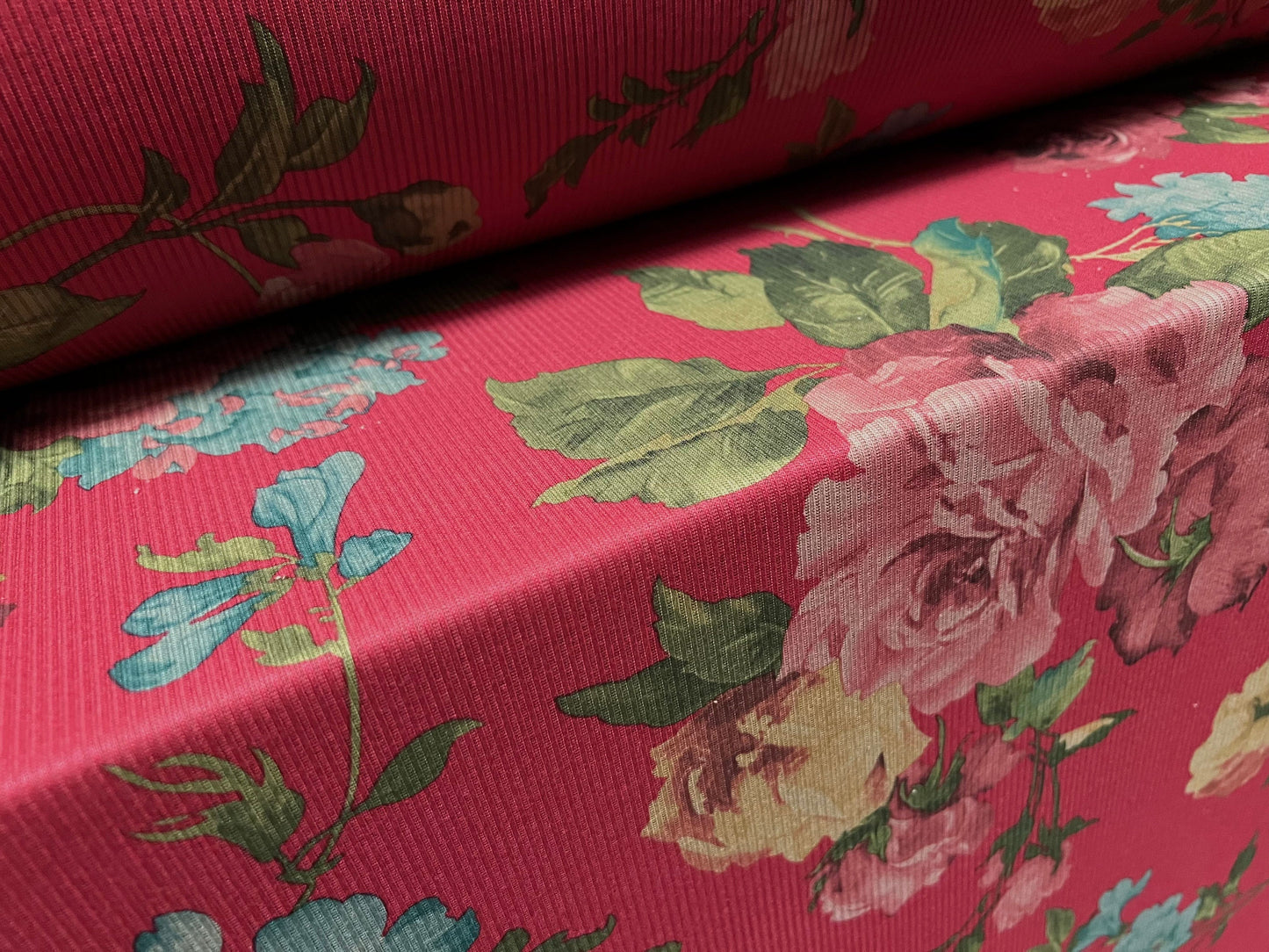 Soft touch rib jersey knit fabric, per metre - rose flower print - red