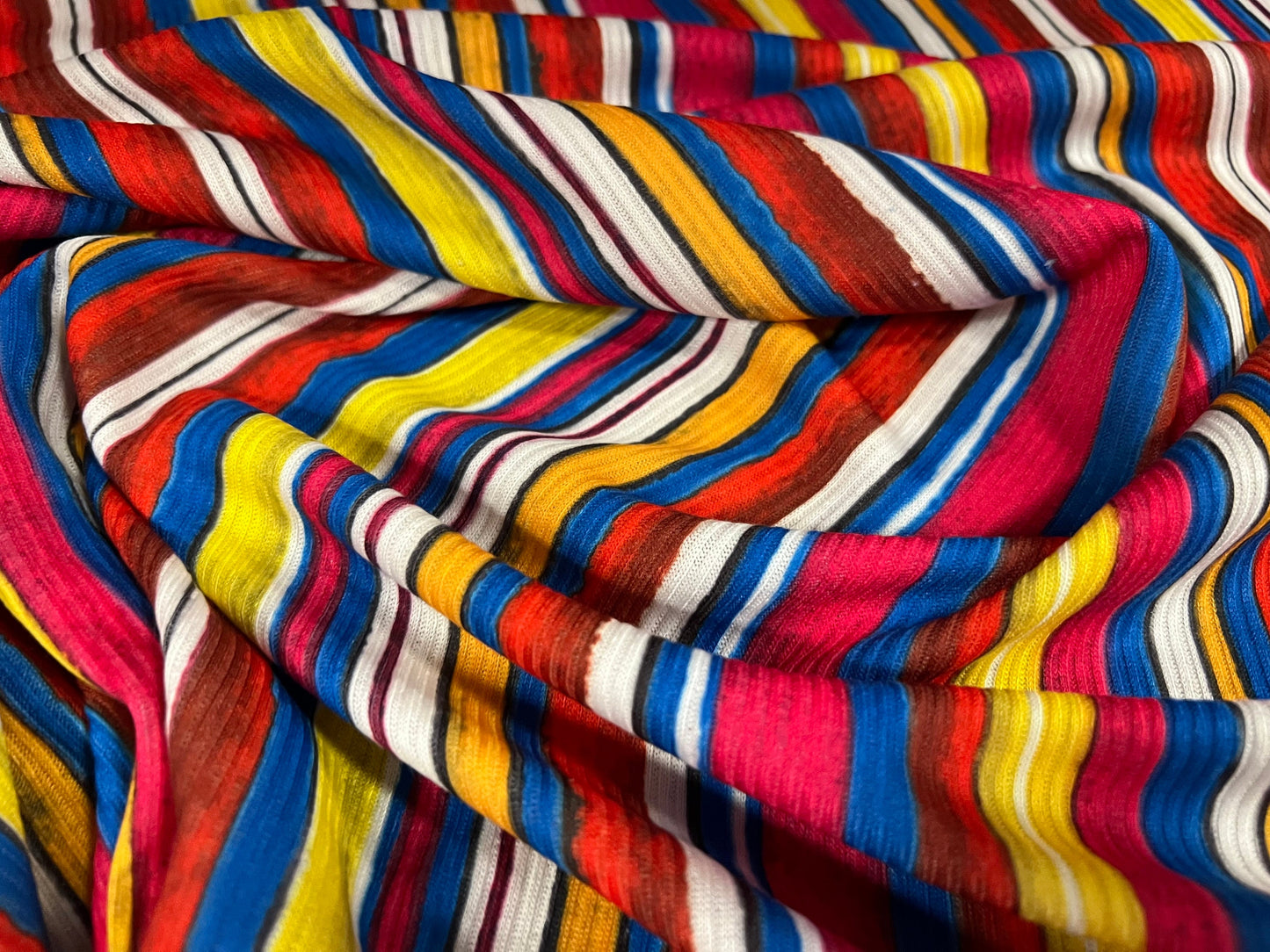 Ribbed jersey knit fabric, per metre - multicolour stripe print