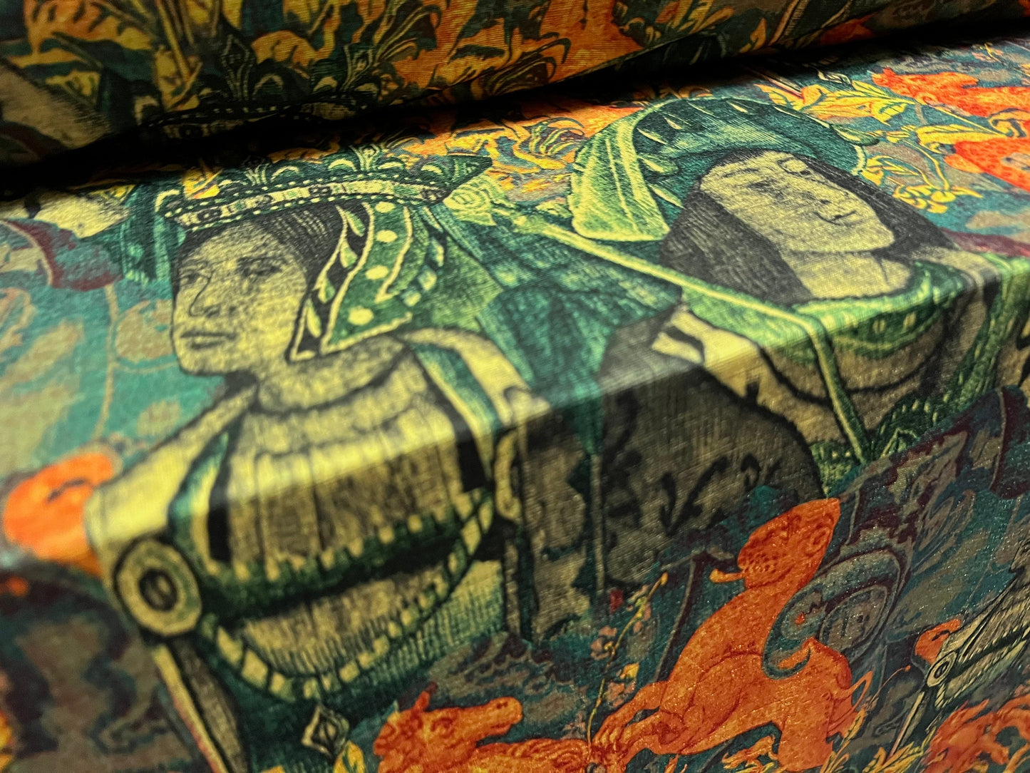 Finely textured stretch spandex single jersey fabric, per metre - Henry Tudor King & Queen Royal print - teal orange