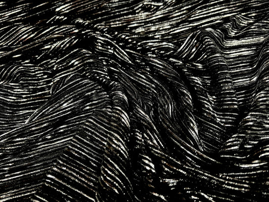 Metallic Plissé pleated satin dress fabric, per metre - silver on black