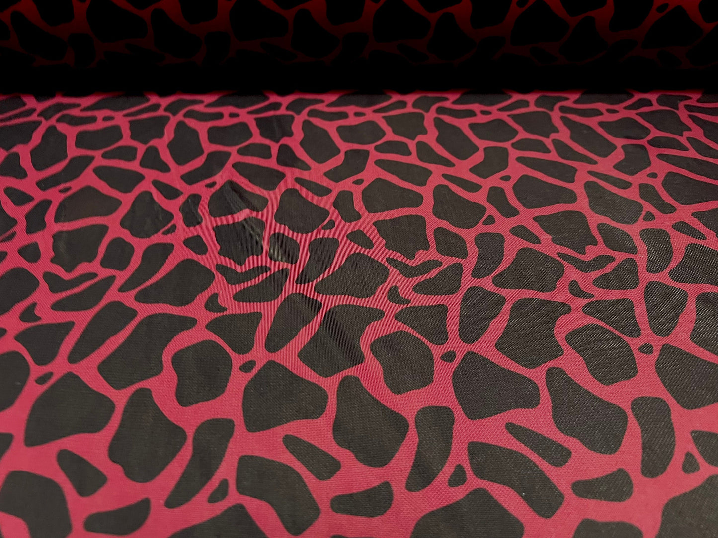 Power mesh net stretch spandex fabric, per metre - giraffe animal print - bordeaux & black