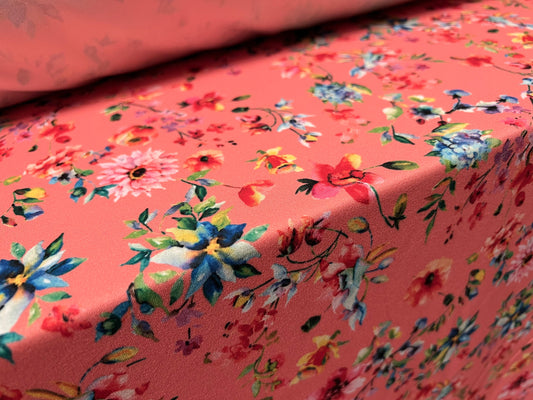 Scuba stretch spandex jersey fabric, per metre - flowers print - coral pink