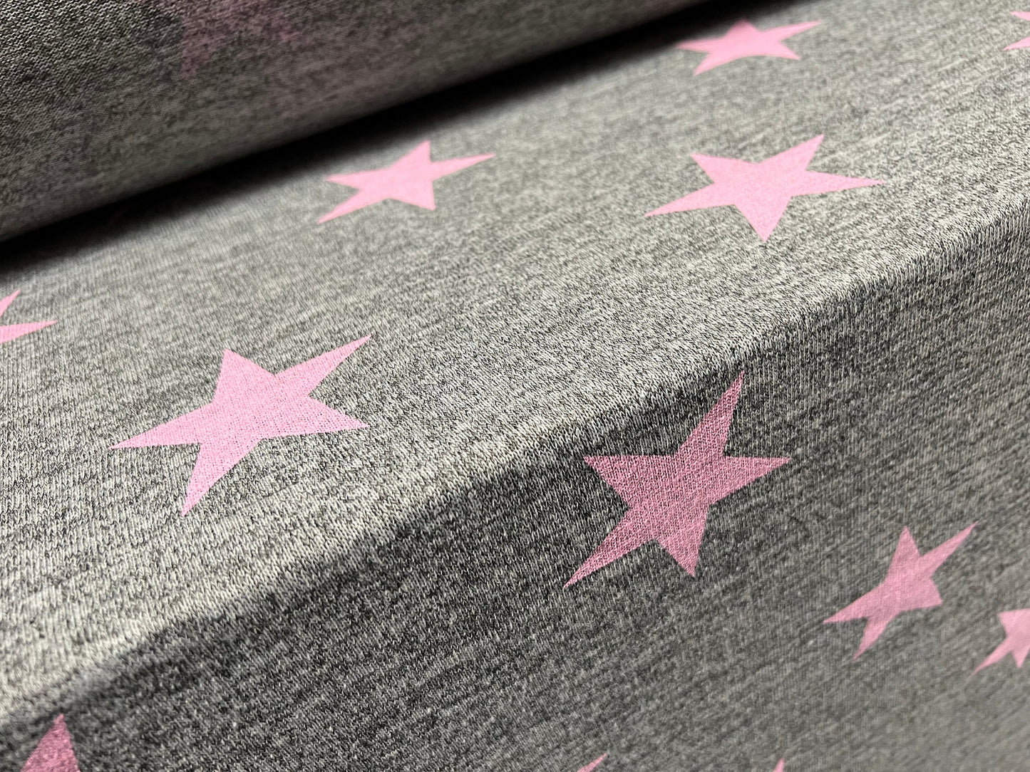 Melange knitwear stretch jersey fabric, per metre -stars print -grey marl & pink