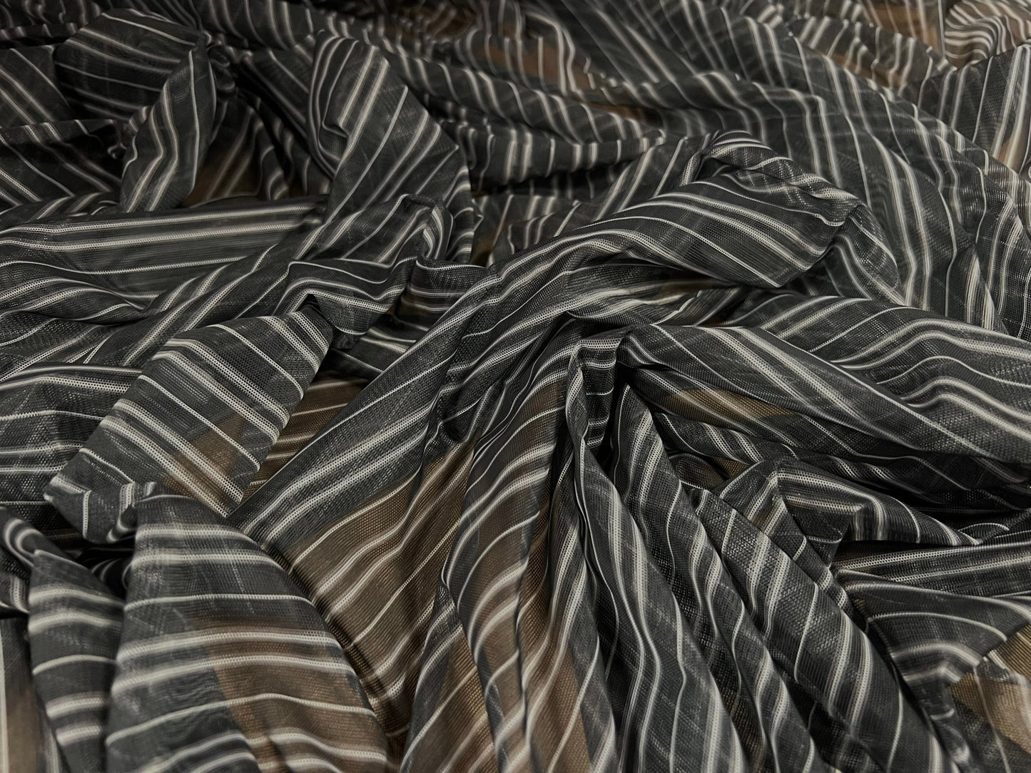 Power mesh net stretch spandex fabric, per metre - stripe print - grey