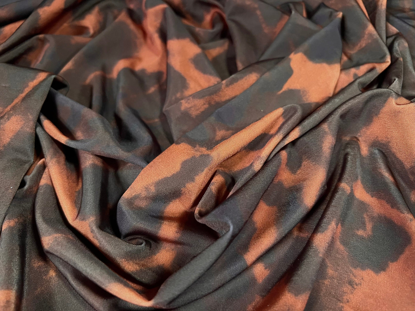 Stretch spandex single jersey fashion fabric, per metre - hyena animal print - chestnut brown black & navy