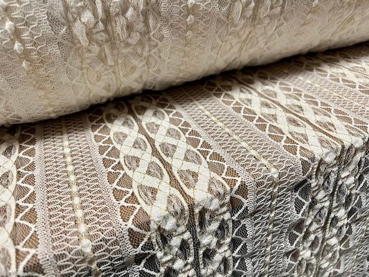 Metallic stretch spandex blister lace fabric, per metre - geometric stripe design - cream & gold lurex