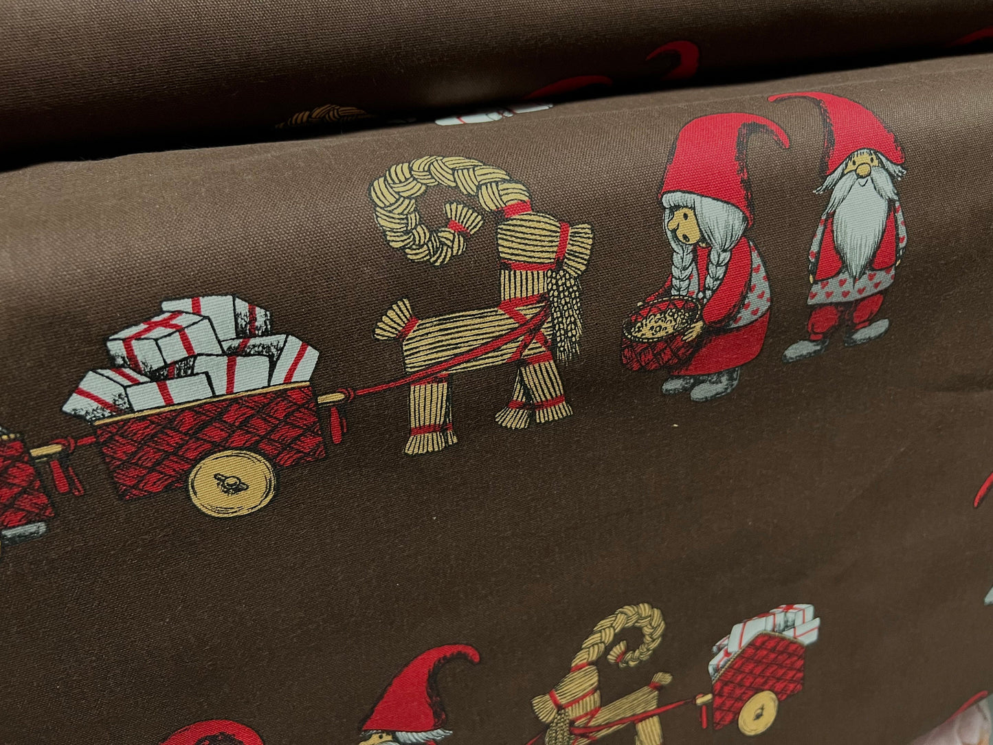 Woven cotton fabric, per metre - Santa and Mrs Claus Christmas present print - brown