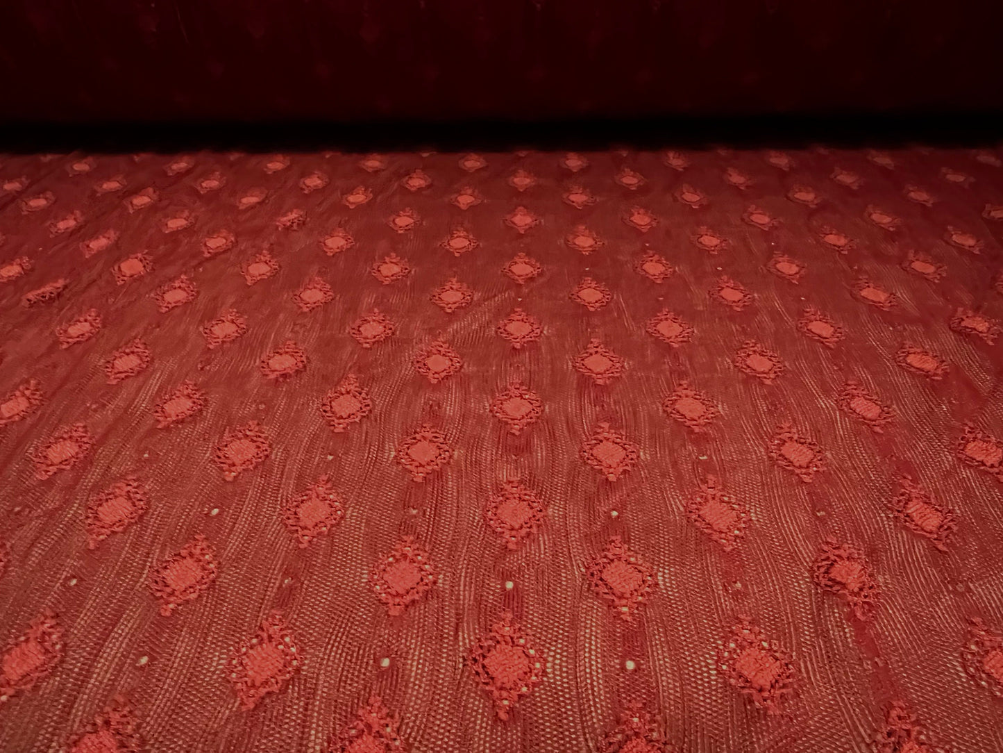 Power mesh net stretch spandex fabric, per metre - jacquard embroidery design - Brick red