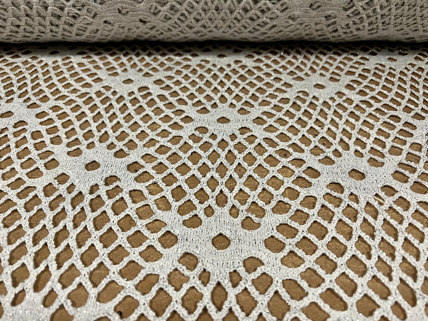 Metallic  crochet knitwear jersey fabric, per metre - silver lurex