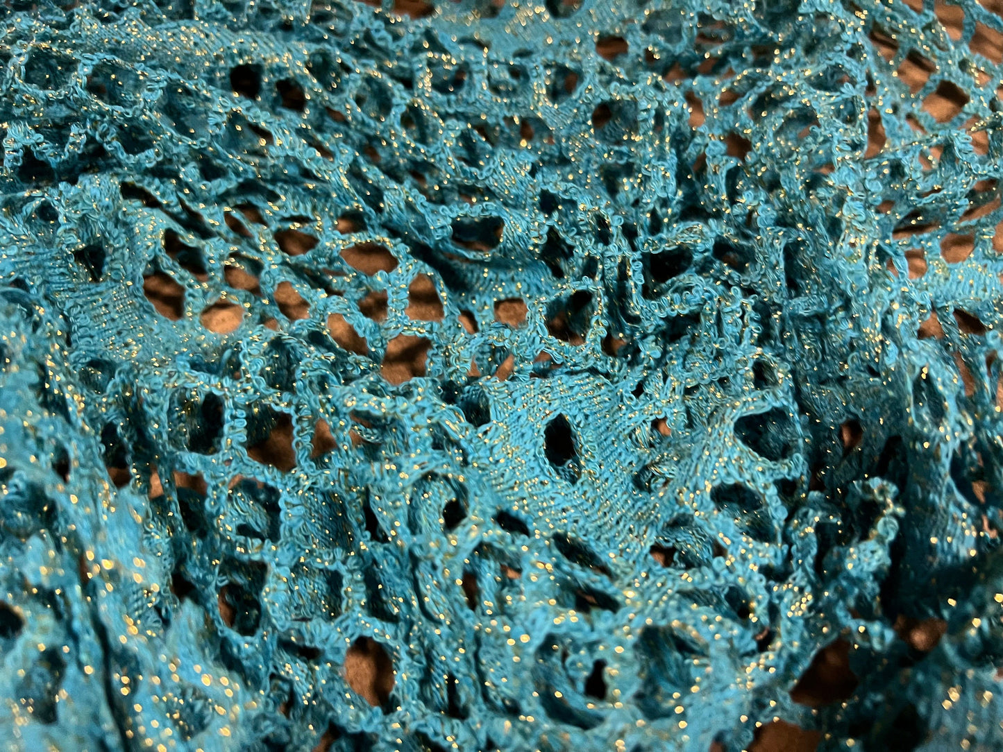 Metallic crochet knitwear jersey fabric, per metre - turquoise with gold lurex