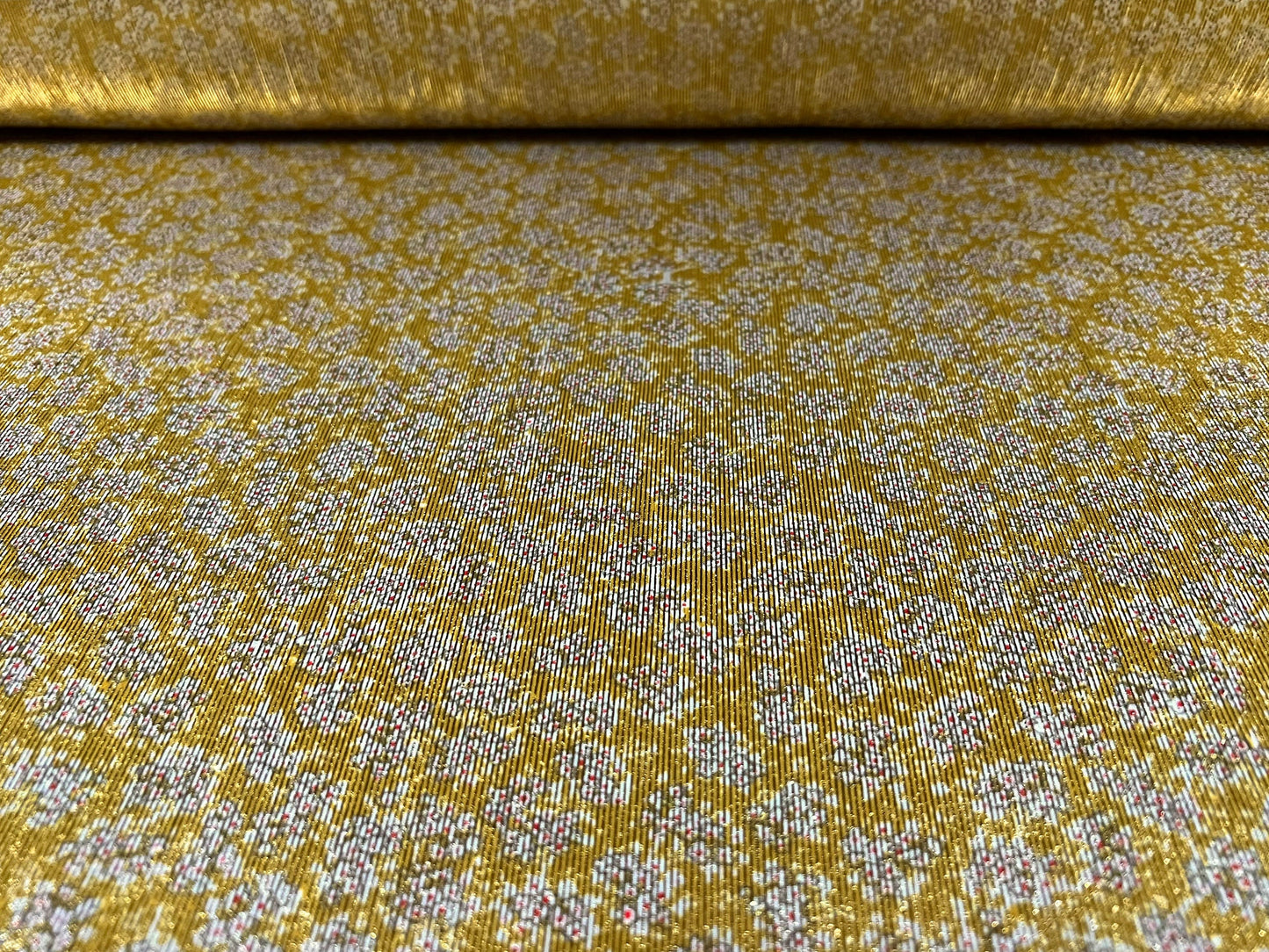 Textured satin dress fabric, per metre - ditsy flower print - gold metallic