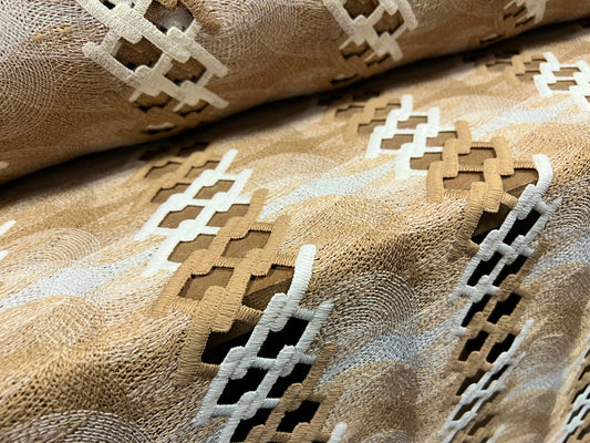 Couture dress fabric, per metre - chain link swirl embroidery - cream & tan