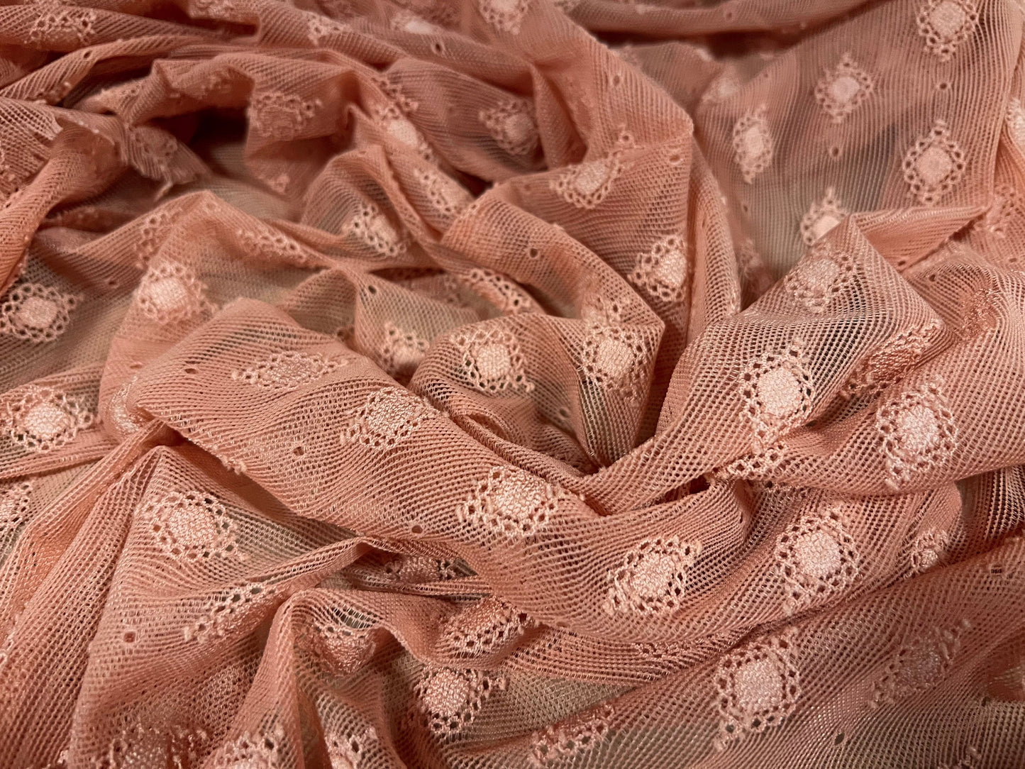 Power mesh net stretch spandex fabric, per metre - jacquard embroidery design - Salmon pink